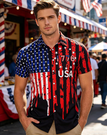 HOTuideazone Mens 4th of July American Flag Patriotic Shirt M-XXL | USA Short Sleeve Button Up Shirt for Independence Day, Memorial Days, Flag Day, 4th of July Parties, Beach Trips and Daily