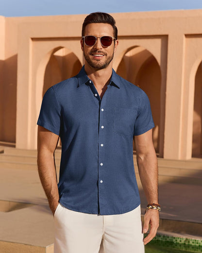 HOTMens Linen Shirt Short Sleeve Wrinkle Free Casual Untucked Button Down Shirts Beach Breathable Tops Summer