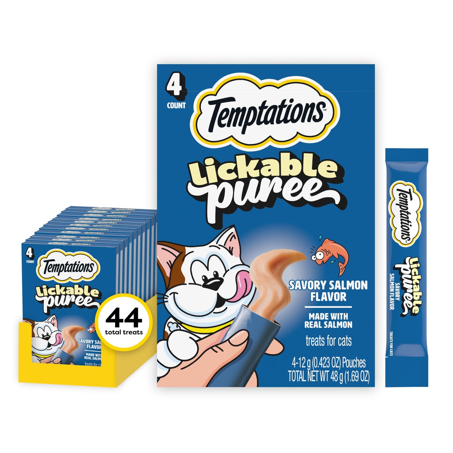 HOTTemptations Creamy Puree Cat Treats, Beef, Chicken, Salmon & Tuna, 48 Count | Beef, Salmon, Chicken & Tuna, under 15 cal/tube, no added sugar or fillers, senior-friendly, meal topper or hand-feed