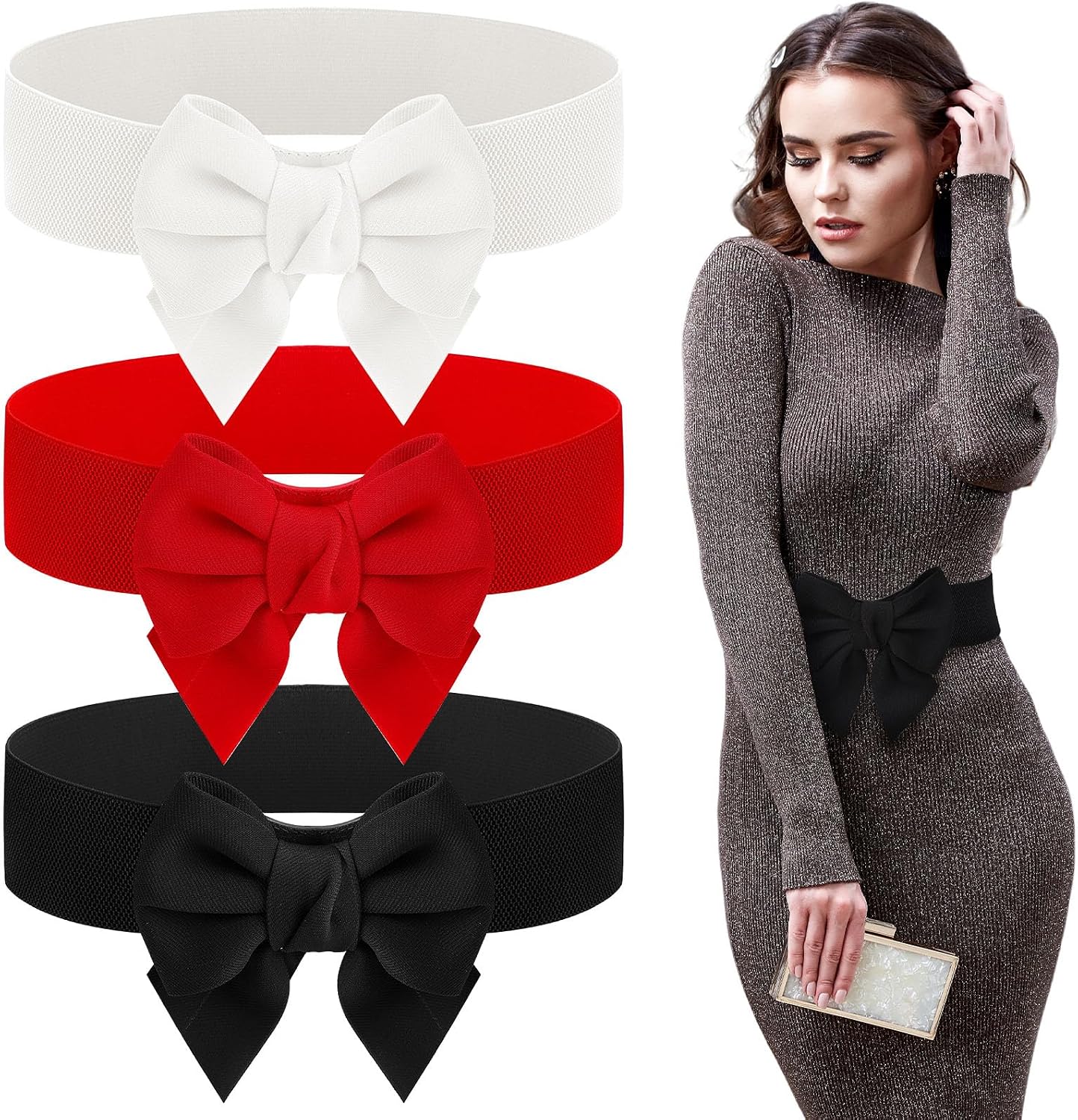 HOT3 Pcs Bow Belts for Women Red Bow Belt | Elastic Waist Belt Vintage Bowknot Stretchy Cinch Belt