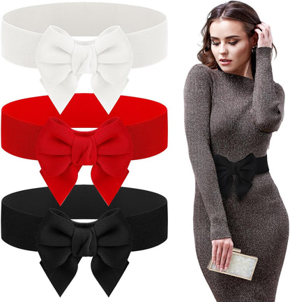HOT3 Pcs Bow Belts for Women Red Bow Belt | Elastic Waist Belt Vintage Bowknot Stretchy Cinch Belt