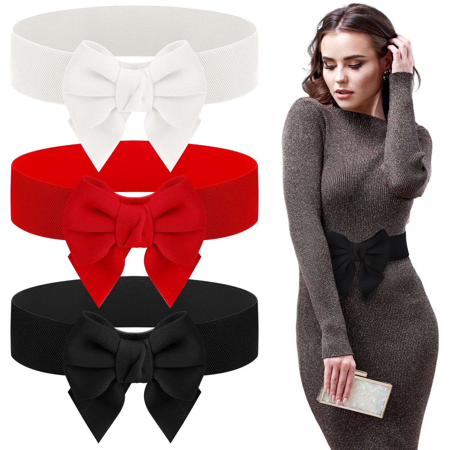 HOT3 Pcs Bow Belts for Women Red Bow Belt | Elastic Waist Belt Vintage Bowknot Stretchy Cinch Belt