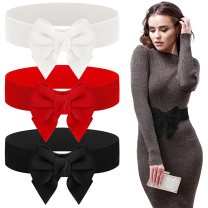 HOT3 Pcs Bow Belts for Women Red Bow Belt | Elastic Waist Belt Vintage Bowknot Stretchy Cinch Belt