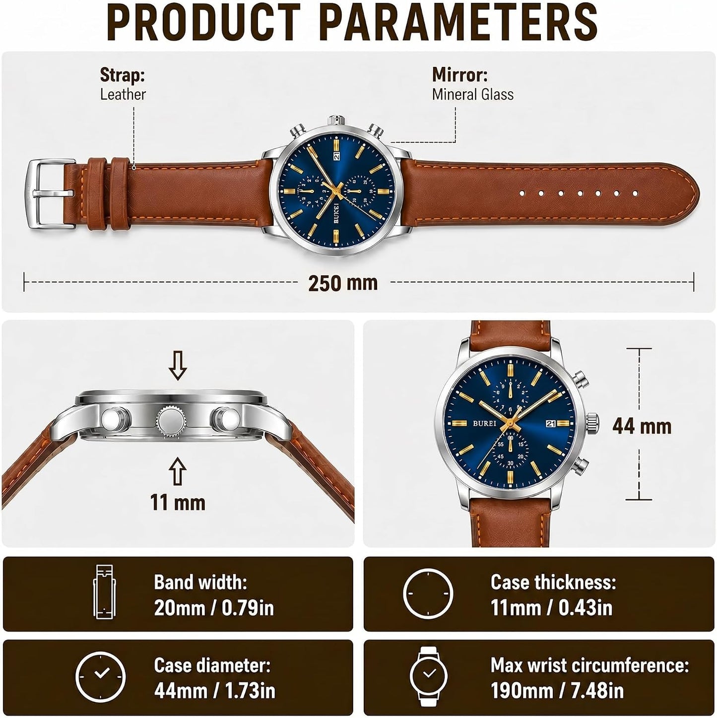 HOTBUREI Men's Leather Watches Chronograph Quartz Watches for Men Classic Cool Lightweight Wristwatch,Gift for Dad Husband Boyfriend