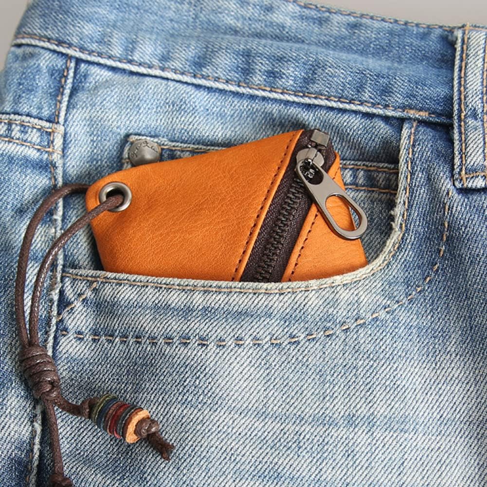 HOT1 Pcs Leather Mini Medieval Coin Pouch, Coin Organizer, Change Holder, Ultra Thin Genuine Leather Coin Purse,Leather zipper Pouch for Men & Women