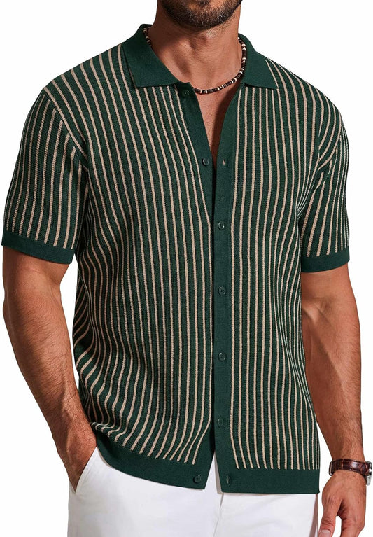 HOTCOOFANDY Mens Knit Button Down Shirts Short Sleeve Polo Shirt Vintage Striped Casual Shirts
