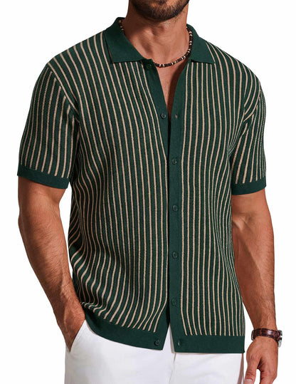 HOTCOOFANDY Mens Knit Button Down Shirts Short Sleeve Polo Shirt Vintage Striped Casual Shirts