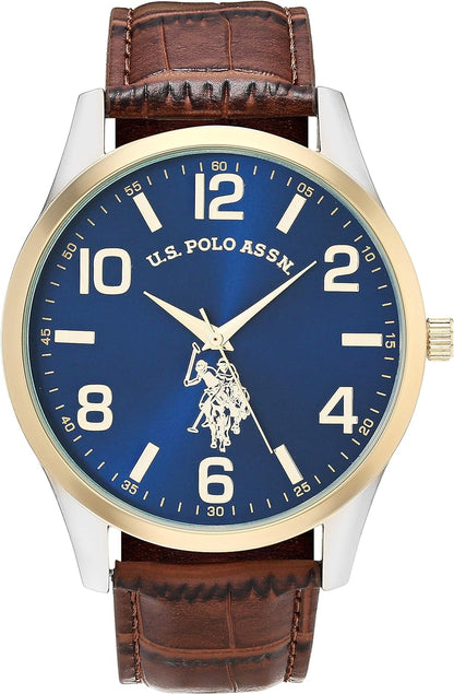 HOTU.S. Polo Assn. Men's Analog Dress Watch with Blue Sunray Dial Gold-Tone Bezel and Brown Faux Leather Strap – Classic Quartz Timepiece Includes Box Fits Wrists 5.5"-8"