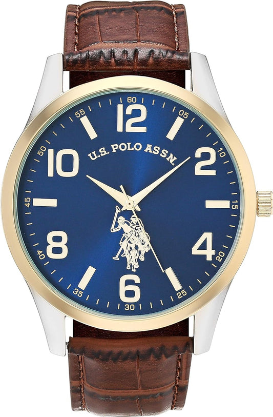 HOTU.S. Polo Assn. Men's Analog Dress Watch with Blue Sunray Dial Gold-Tone Bezel and Brown Faux Leather Strap – Classic Quartz Timepiece Includes Box Fits Wrists 5.5"-8"