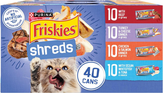 HOTPurina Friskies Wet Cat Food Variety Pack, Shreds With Beef, Turkey and Cheese Dinner, Chicken and Salmon Dinner, and With Ocean Whitefish and Tuna - (Pack of 40) 5.5 oz. Cans