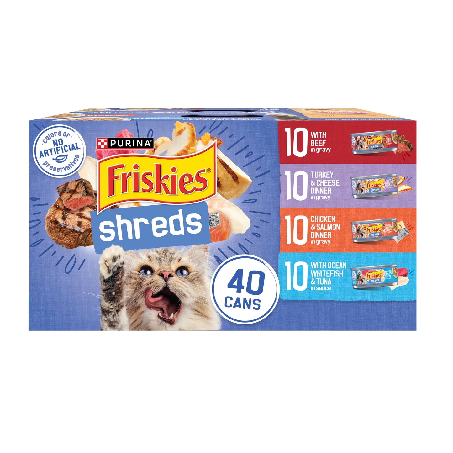 HOTPurina Friskies Wet Cat Food Variety Pack, Shreds With Beef, Turkey and Cheese Dinner, Chicken and Salmon Dinner, and With Ocean Whitefish and Tuna - (Pack of 40) 5.5 oz. Cans