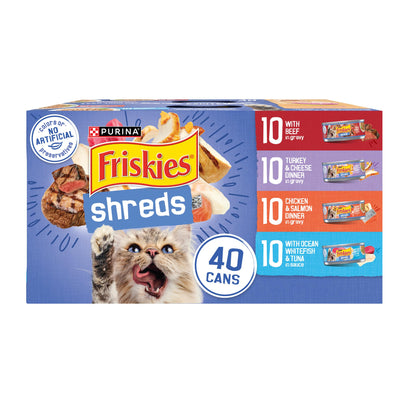 HOTPurina Friskies Wet Cat Food Variety Pack, Shreds With Beef, Turkey and Cheese Dinner, Chicken and Salmon Dinner, and With Ocean Whitefish and Tuna - (Pack of 40) 5.5 oz. Cans