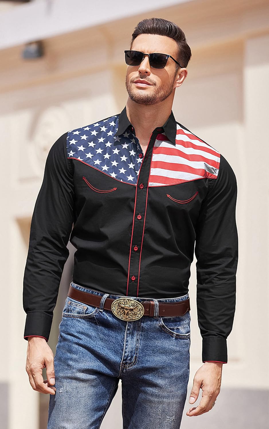 HOTCOOFANDY Men's American Flag Button Down Shirts Western Cowboy Shirt Slim Fit Patriotic Long Sleeve Shirt