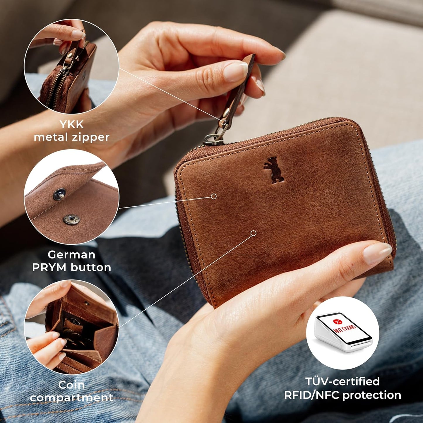 HOTBERLINER BAGS Genuine Leather Small Wallet Women Palermo, Gift Box – Brown | Soft Leather Trifold Zip Wallet, Fits Purses & Crossbody Bags, 8 Card Slots, 1 ID Window, Coin Pocket, RFID Blocking