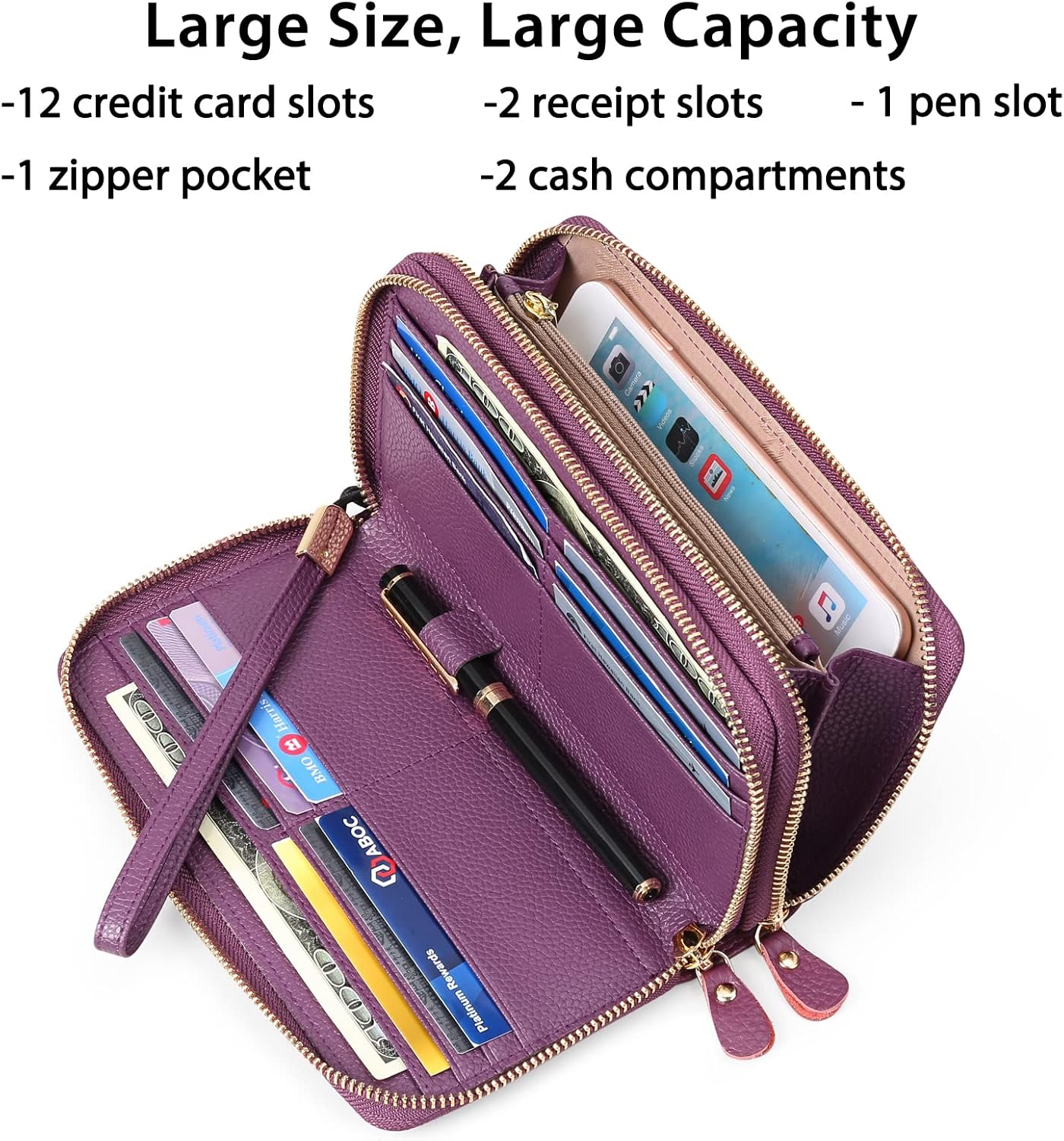 HOTSENDEFN Leather Women Wallet RFID Blocking Zipper Around Phone Holder Clutch Wristlet Large Capacity