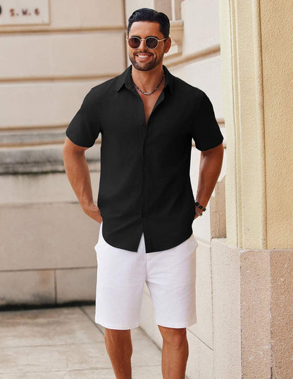 HOTCOOFANDY Men's Button Down Short Sleeve Shirt Casual Cotton Summer Beach Linen Wedding Shirts with Pocket