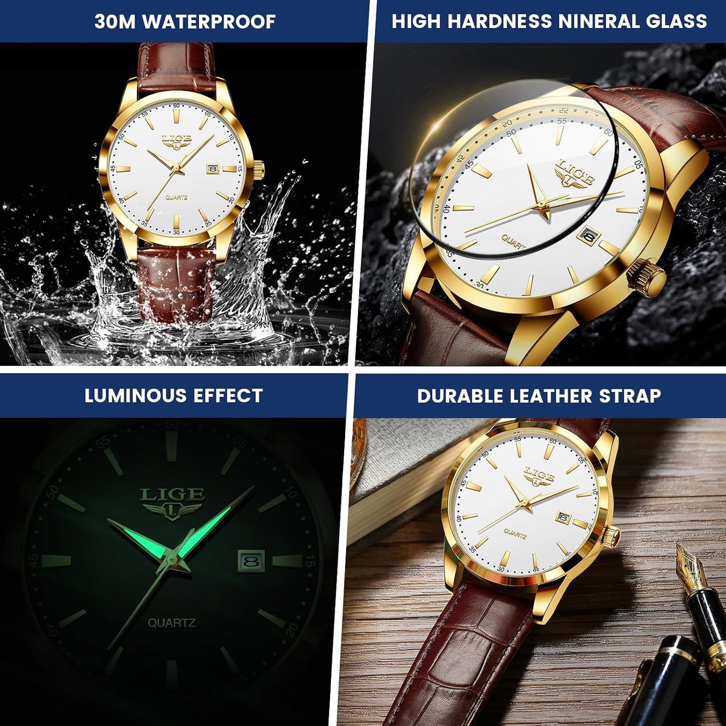 HOTLIGE Watches for Men Waterproof Analog Dress Vintage Chronograph Analog Casual Leather Stainless Steel Unique Quartz Movement Retro Luminous Elegant Men's Wrist Watch Date Display