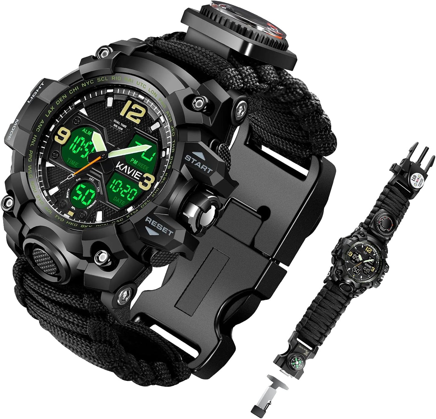 HOTMens Tactical Military Digital Watch, 23-in-1 Survival Multi-Functional Army Outdoors Waterproof Camouflage Sports Watches Dual Display Analog LED Electronic Wristwatches with Compass Paracord Band