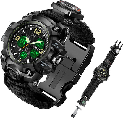 HOTMens Tactical Military Digital Watch, 23-in-1 Survival Multi-Functional Army Outdoors Waterproof Camouflage Sports Watches Dual Display Analog LED Electronic Wristwatches with Compass Paracord Band