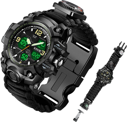 HOTMens Tactical Military Digital Watch, 23-in-1 Survival Multi-Functional Army Outdoors Waterproof Camouflage Sports Watches Dual Display Analog LED Electronic Wristwatches with Compass Paracord Band