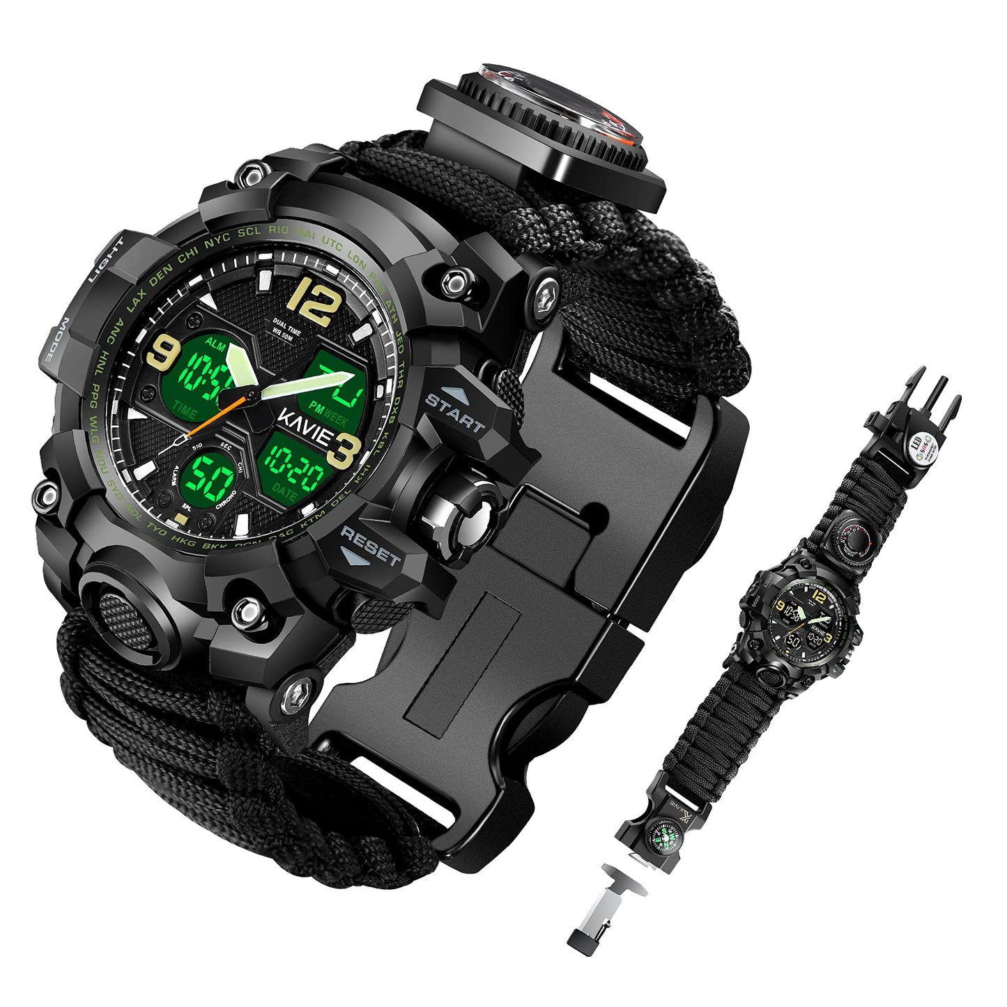 HOTMens Tactical Military Digital Watch, 23-in-1 Survival Multi-Functional Army Outdoors Waterproof Camouflage Sports Watches Dual Display Analog LED Electronic Wristwatches with Compass Paracord Band