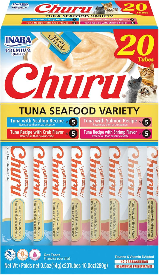 HOTINABA Churu Cat Treats, Lickable, Squeezable Creamy Purée Cat Treat with Green Tea Extract & Taurine, 0.5 Ounces Each Tube, 20 Tubes, Tuna & Seafood Variety Box