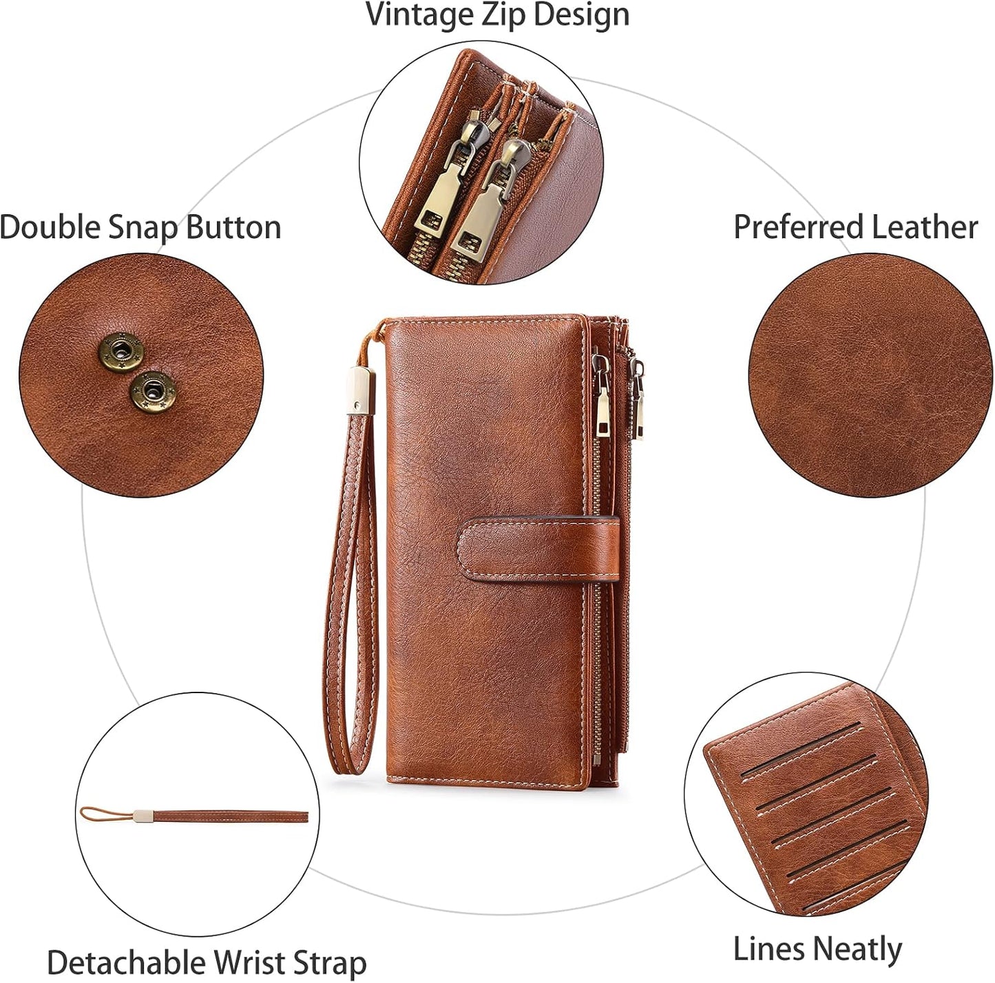 HOTGOIACII Large Wallet for Women Leather Wristlet Brown | RFID Blocking, Multi-card Slots, Detachable Wrist Strap, Trifold Clutch Purse