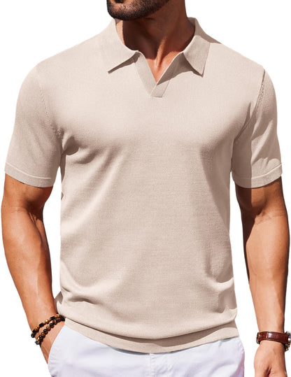 HOTCOOFANDY Men's V Neck Short Sleeve Stretch Knit Polo Shirt