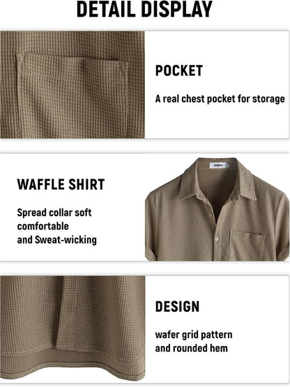HOTVATPAVE Mens Casual Waffle Shirt Short Sleeve Button Down Summer Shirts | Beach, Untucked, Camp, Daily, Work, Family Photo, Old Money, Vacation, Collared, Wedding, Date, Cruise, Going Out, Pocket