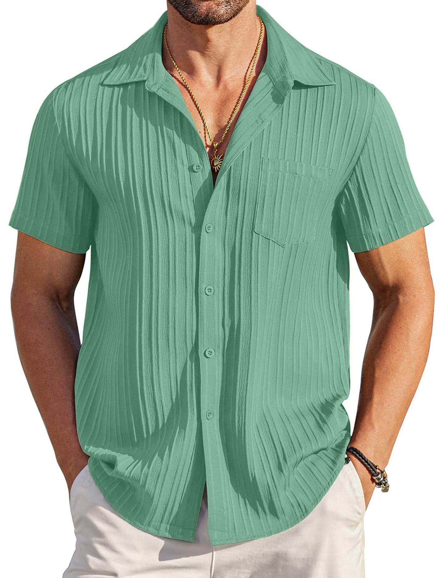 HOTCOOFANDY Men's Casual Button Down Shirts Short Sleeve Textured Summer Beach Shirt with Pocket