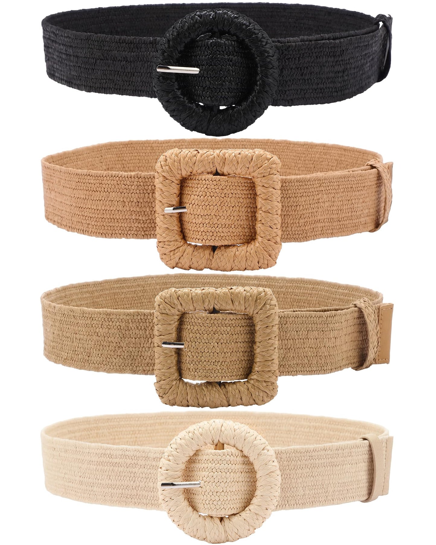 HOTWILLBOND 4 Pcs Women's Elastic Raffia Woven Belt, Boho Rattan Buckle Stretch Straw Wide Waist Belt for Dresses Jeans Pants
