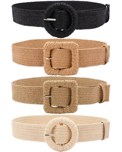 HOTWILLBOND 4 Pcs Women's Elastic Raffia Woven Belt, Boho Rattan Buckle Stretch Straw Wide Waist Belt for Dresses Jeans Pants