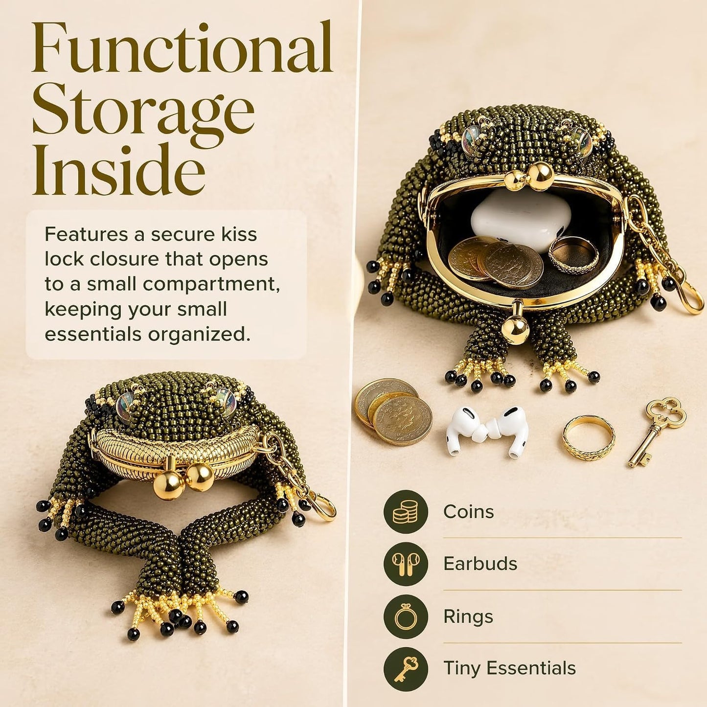 HOTFrog Coin Purse, Charming beaded Frog Coin Purse, Mini Currency Storage Pad, Daily Carry Handheld Ring Pendant Decoration (1PC)