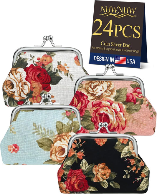 HOT24Pcs Canvas Floral Coin Purses, Vintage Coin Purses, Small Cute Mini Wallet Pouch for Women & Girls, Floral Coin Purse Set, Gift Trinket Present Bag