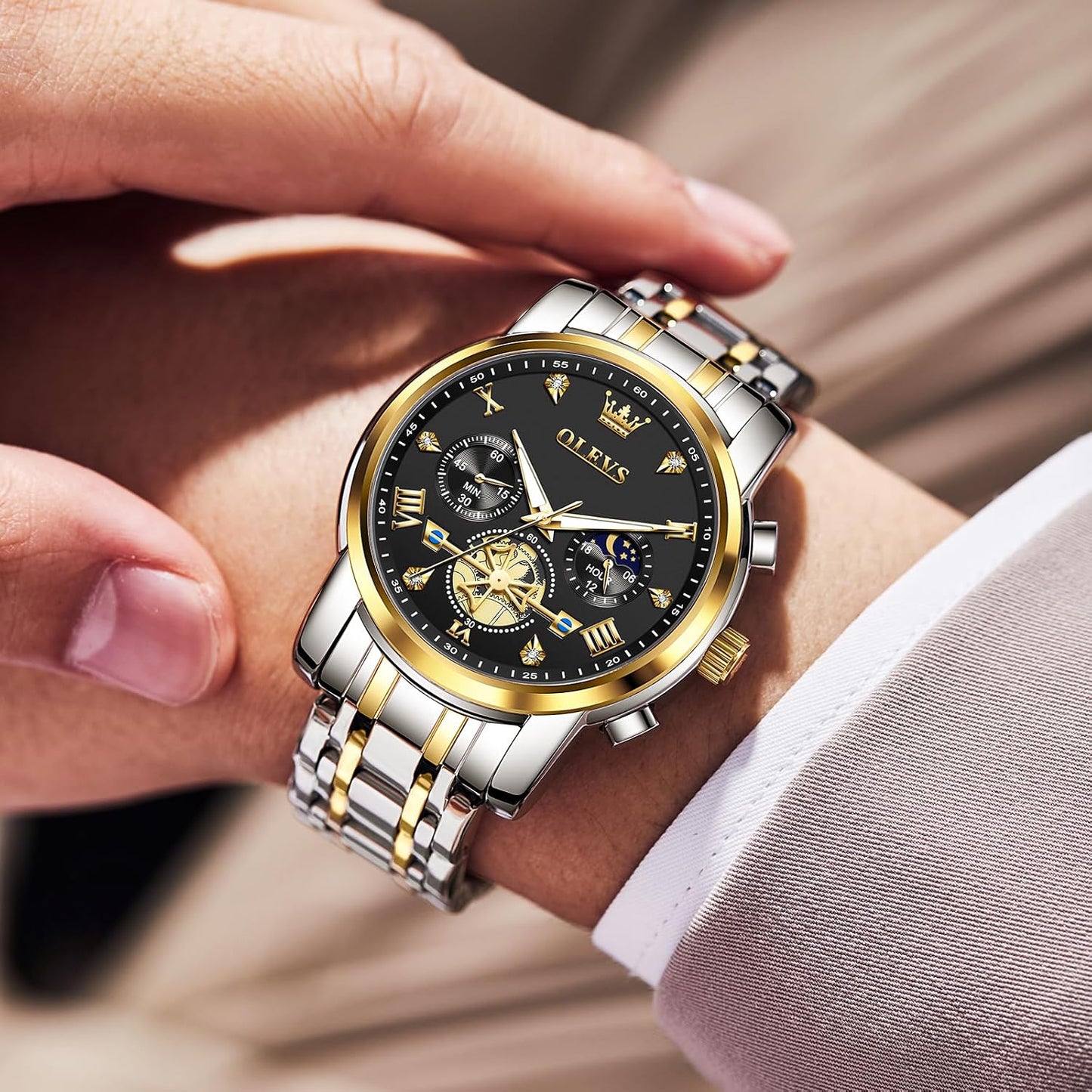 HOTOLEVS Men Watches Stainless Steel Chronograph Watch, Large Wrist Analog Quartz Watch, Fashion Waterproof Diamond Roman Numerals Dress Watches for Men, Gold/Black/White/Blue/Grey Dial