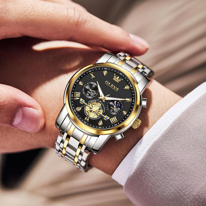 HOTOLEVS Men Watches Stainless Steel Chronograph Watch, Large Wrist Analog Quartz Watch, Fashion Waterproof Diamond Roman Numerals Dress Watches for Men, Gold/Black/White/Blue/Grey Dial
