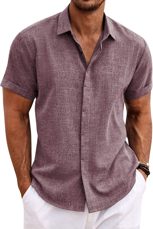 HOTCOOFANDY Men's Linen Shirts Short Sleeve Casual Shirts Button Down Shirt for Men Beach Summer Wedding Shirt