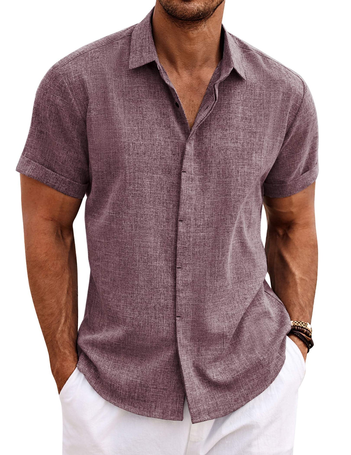 HOTCOOFANDY Men's Linen Shirts Short Sleeve Casual Shirts Button Down Shirt for Men Beach Summer Wedding Shirt