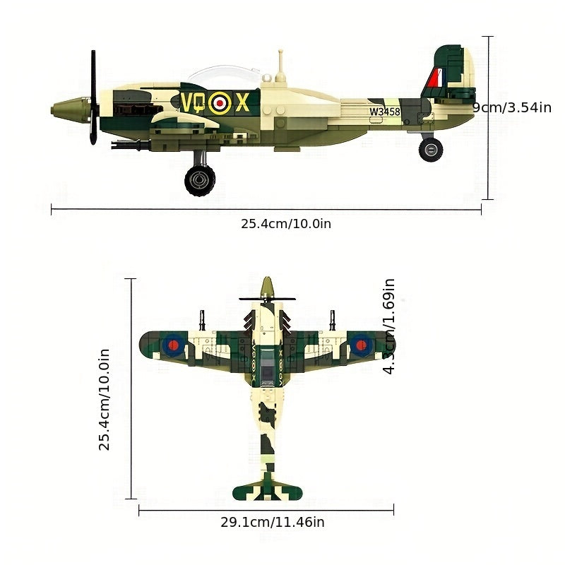 331pcs Military Spitfire Aircraft Model, Small Building Blocks, Educational Toy With 2 Soldiers, Christmas And Halloween Gifts For Children