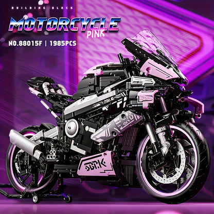 1985pcs Motorcycle Building Block Toy Set, Super Racing Car Design Toy Set, Cool Pink Appearance Puzzle Toy, Holiday Birthday New Year Gift,