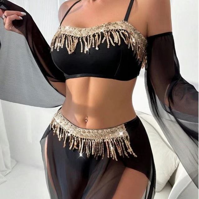 3-Piece Outfit With Tassel Sequins Cami & Sheer High Slit Maxi Skirt, Stage & Vacation Costume Set