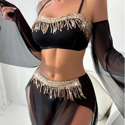 3-Piece Outfit With Tassel Sequins Cami & Sheer High Slit Maxi Skirt, Stage & Vacation Costume Set