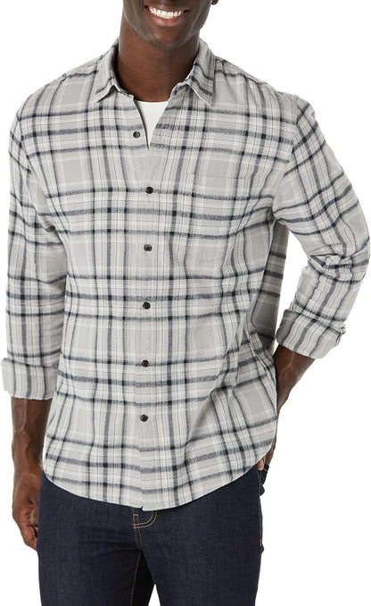 HOTAmazon Essentials Men's Regular Fit Long-Sleeve Flannel Shirt, Soft Brushed Cotton, Lightweight yet Warm