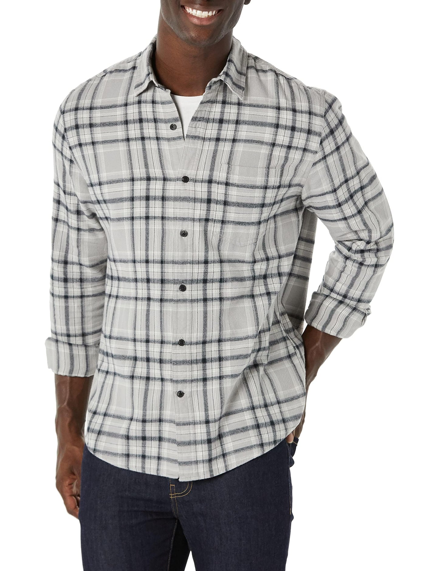 HOTAmazon Essentials Men's Regular Fit Long-Sleeve Flannel Shirt, Soft Brushed Cotton, Lightweight yet Warm