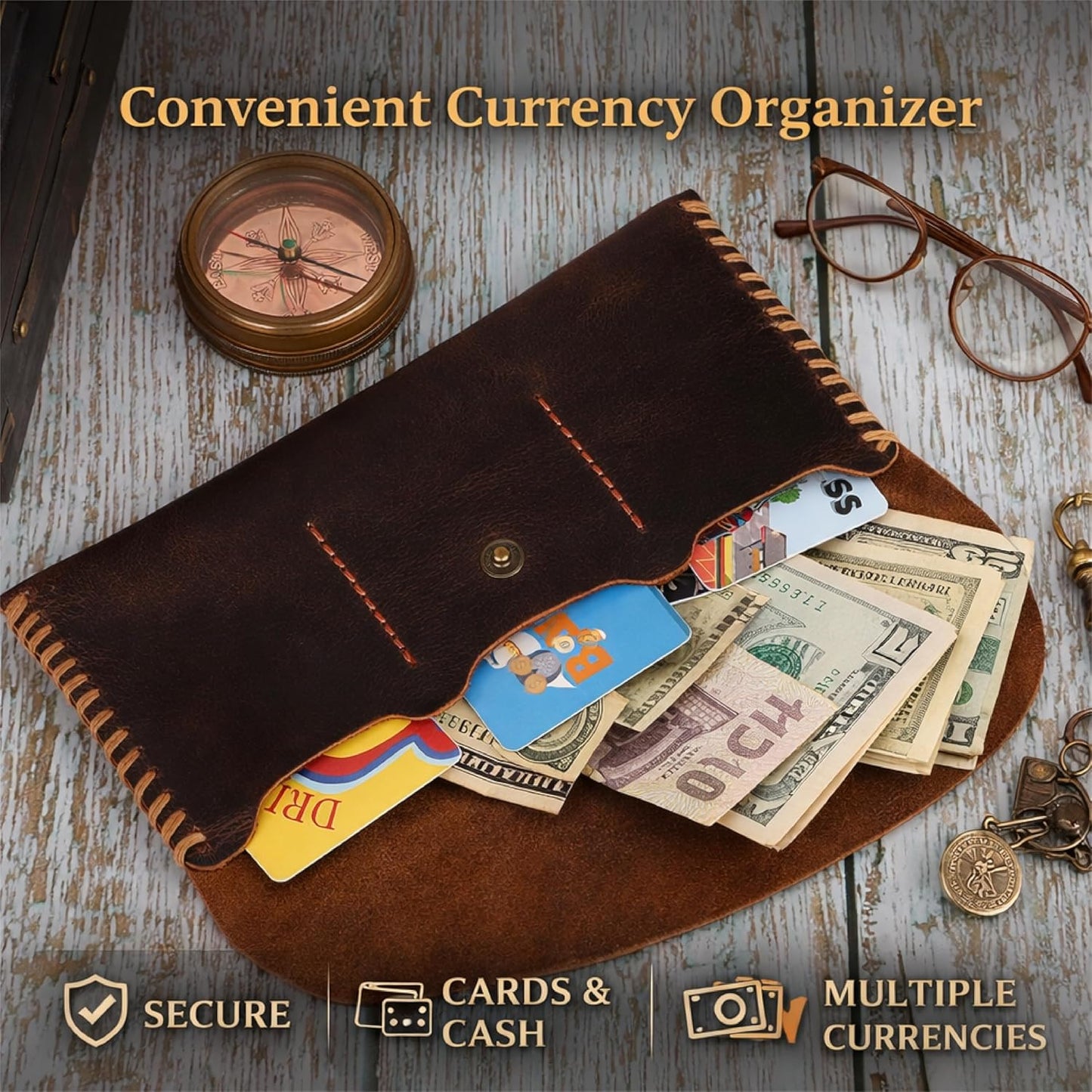 HOTGenuine Leather Currency Pouch Wallet, Slim Travel Money Organizer with 3 Card Slots & Snap Closure, Handmade Cash Holder for Bills & Cards, Money Bag for Men & Women, 8 x 4 in
