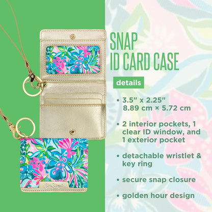 HOTLilly Pulitzer Leatherette Snap ID Card Case Wallet, Golden Hour | Cute Money Holder with Removable Wristlet Strap and Key Ring, Slim Credit Card Holder with Snap Closure