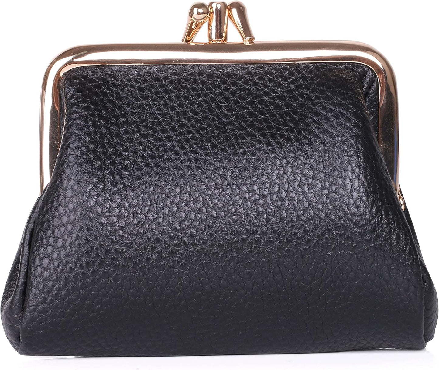 HOTDOPP Pebble Grain Leather Kiss-Lock Coin Purse for Women, Triple Frame with 2 Large Pockets,Gold Tone Hardware