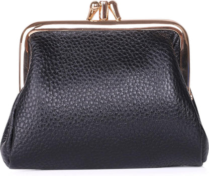 HOTDOPP Pebble Grain Leather Kiss-Lock Coin Purse for Women, Triple Frame with 2 Large Pockets,Gold Tone Hardware