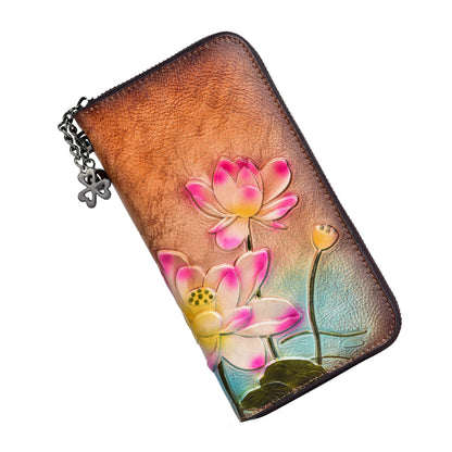 HOTWallet Genuine Leather for Women - with RFID Blocking Card checkbook ID Slot Large Capacity Vintage style (flower brown)