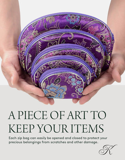 HOTKALIFANO 5pcs Purple Flower Jewelry & Coin Silk Pouch Brocade Embroidered Gift Bag/Purse - Oriental Chinese Style Travel Wallet with Zipper (Family Owned and Operated)